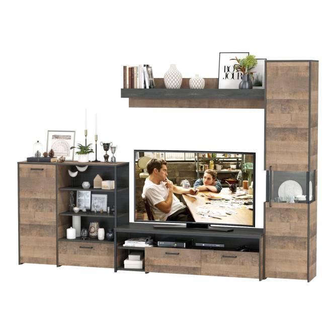 Стенка в гостиную с подсветкой серии Трувор № 21 цвет дуб гранж песочный/интра Стенка в гостиную с подсветкой серии Трувор № 21 цвет дуб гранж песочный/интра