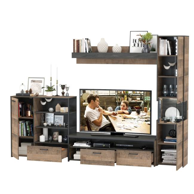 Стенка в гостиную с подсветкой серии Трувор № 21 цвет дуб гранж песочный/интра Стенка в гостиную с подсветкой серии Трувор № 21 цвет дуб гранж песочный/интра