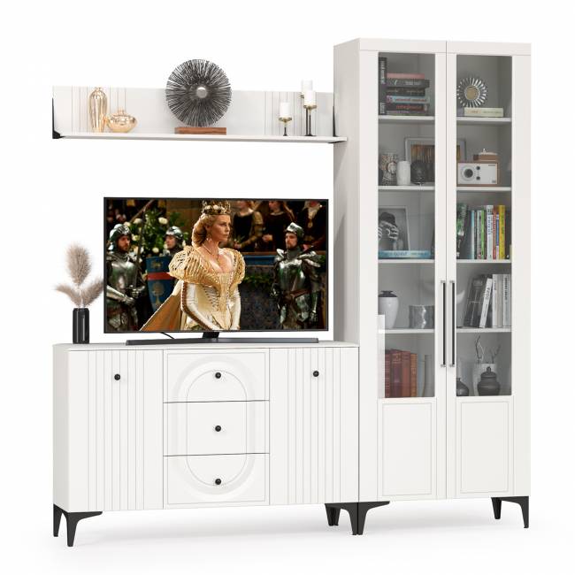 Комод с сервантом и навесной полкой Валенсия цвет белый шагрень