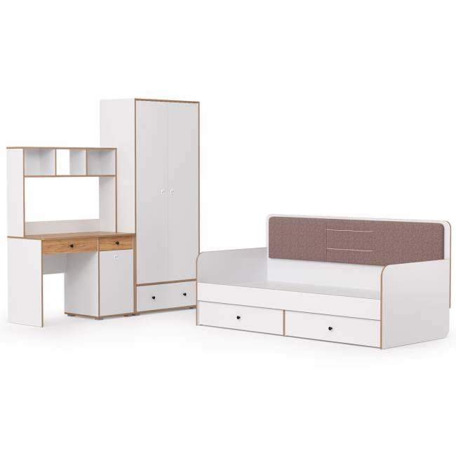 Вуди мебель в детскую с кроватью с ящиками № 38 цвет белый премиум/дуб крафт золотой/саванна латте