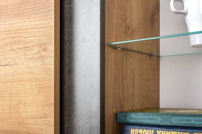 Тумба ТВ Арчи 10.85 цвет дуб крафт золотой/камень тёмный, есть подсветка за стеклом по торцу полки