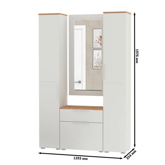 Два шкаф-пенала и обувница с ящиком с зеркалом Октава цвет белый шагрень/дуб крафт золотой