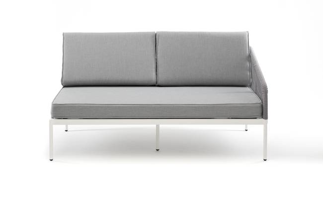 "Канны" левый модуль плетеный из роупа, каркас алюминий белый шагрень, роуп светло-серый круглый, ткань светло-серая