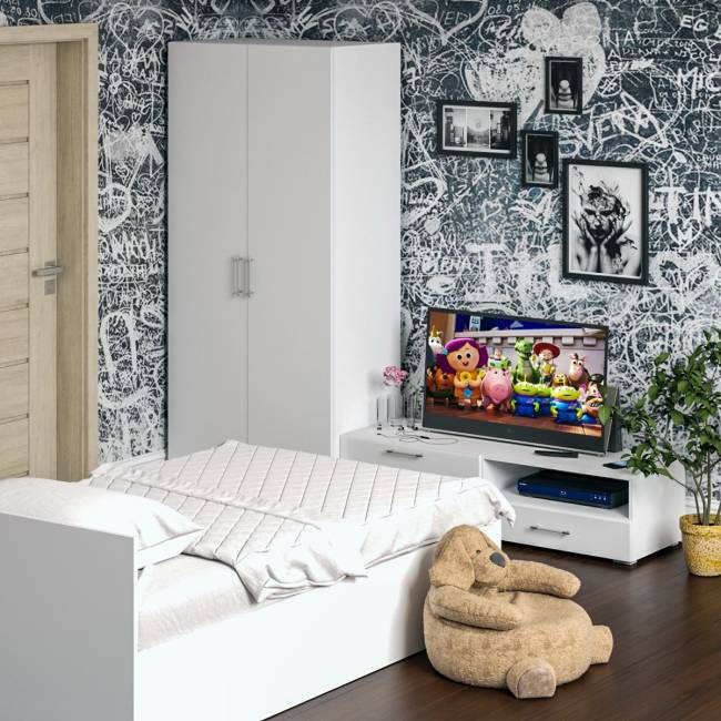 Спальня белая Стандарт № 3 с кроватью 1200 цвет белый/фасады ТВ тумбы МДФ белый глянец