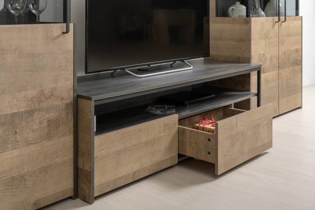 Две тумбы для аппаратуры с двумя навесными полками Трувор цвет дуб гранж песочный/интра Две тумбы для аппаратуры с двумя навесными полками Трувор цвет дуб гранж песочный/интра