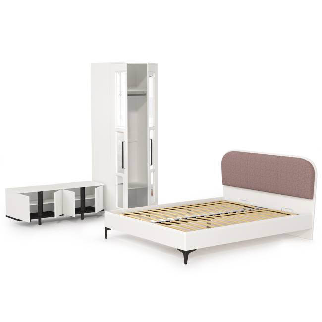 Кровать двуспальная Валенсия со шкафом и ТВ тумбой Квадро цвет белый шагрень/чёрный/ткань велутто 19