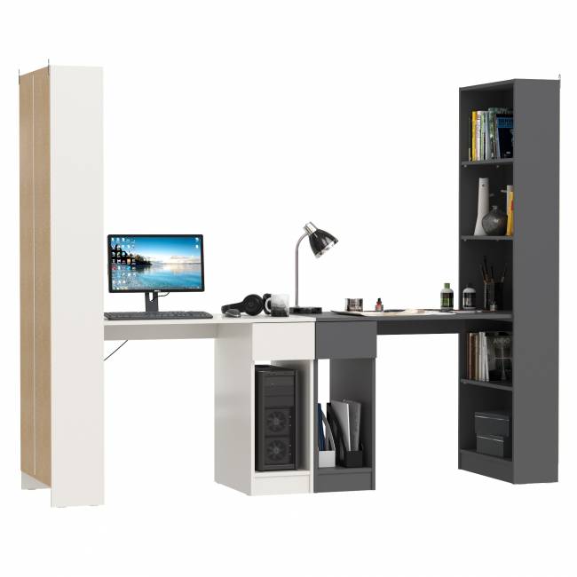 Два стола письменных со стеллажом с полками Лайт 10.01 цвет белый гладкий/тёмно-серый