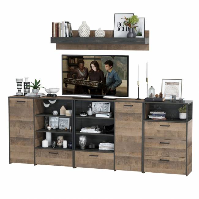 Два комода с дверкой и ящиком с навесной полкой и комодом с тремя ящиками Трувор цвет дуб гранж песочный/интра