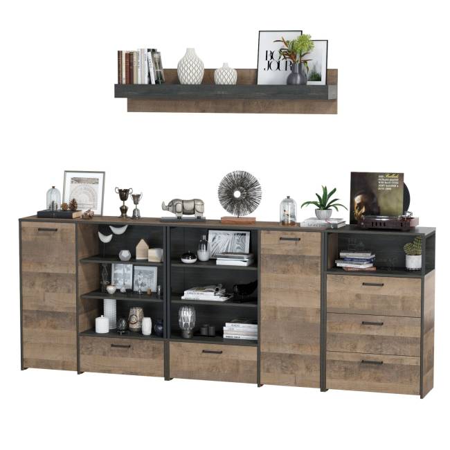 Два комода с дверкой и ящиком с навесной полкой и комодом с тремя ящиками Трувор цвет дуб гранж песочный/интра