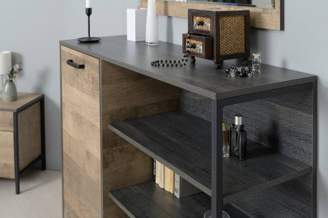 Два комода с дверкой и ящиком с навесной полкой и комодом с тремя ящиками Трувор цвет дуб гранж песочный/интра